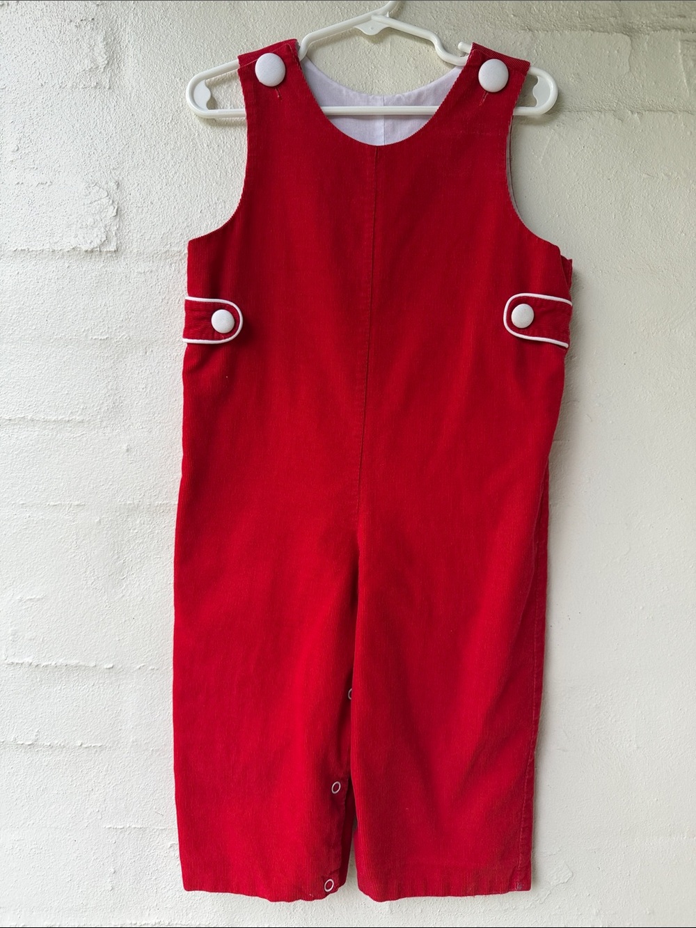 Red Corduroy Toddler Overalls with White Trim